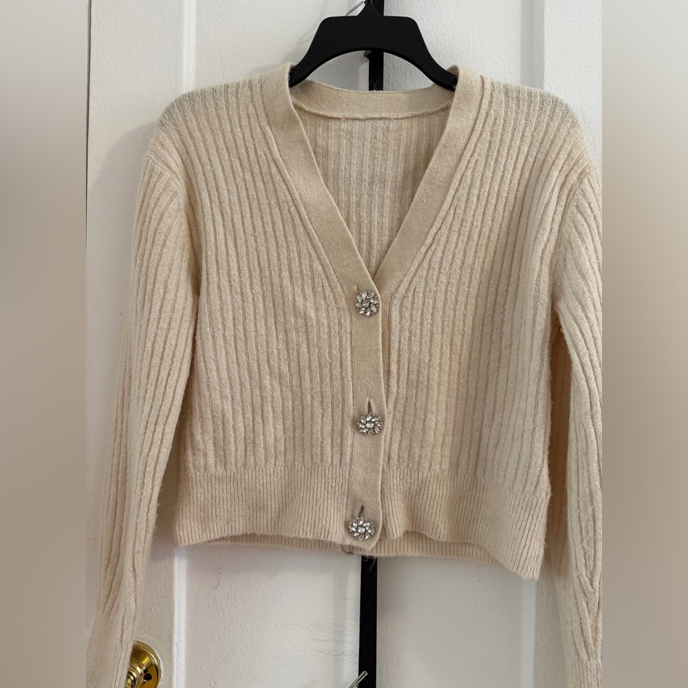 H&M Cream Ribbed Cardigan with Button Detail